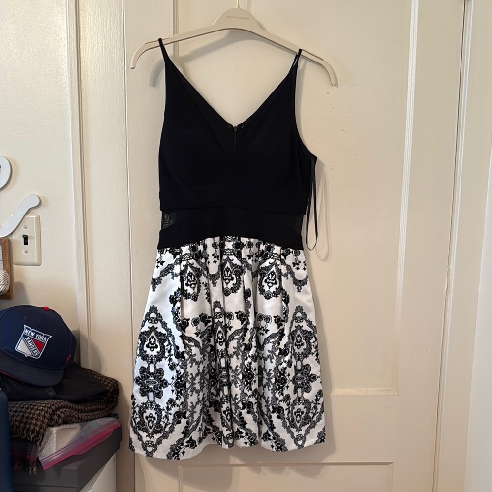 Xscape Black and White Pleated Mini Dress